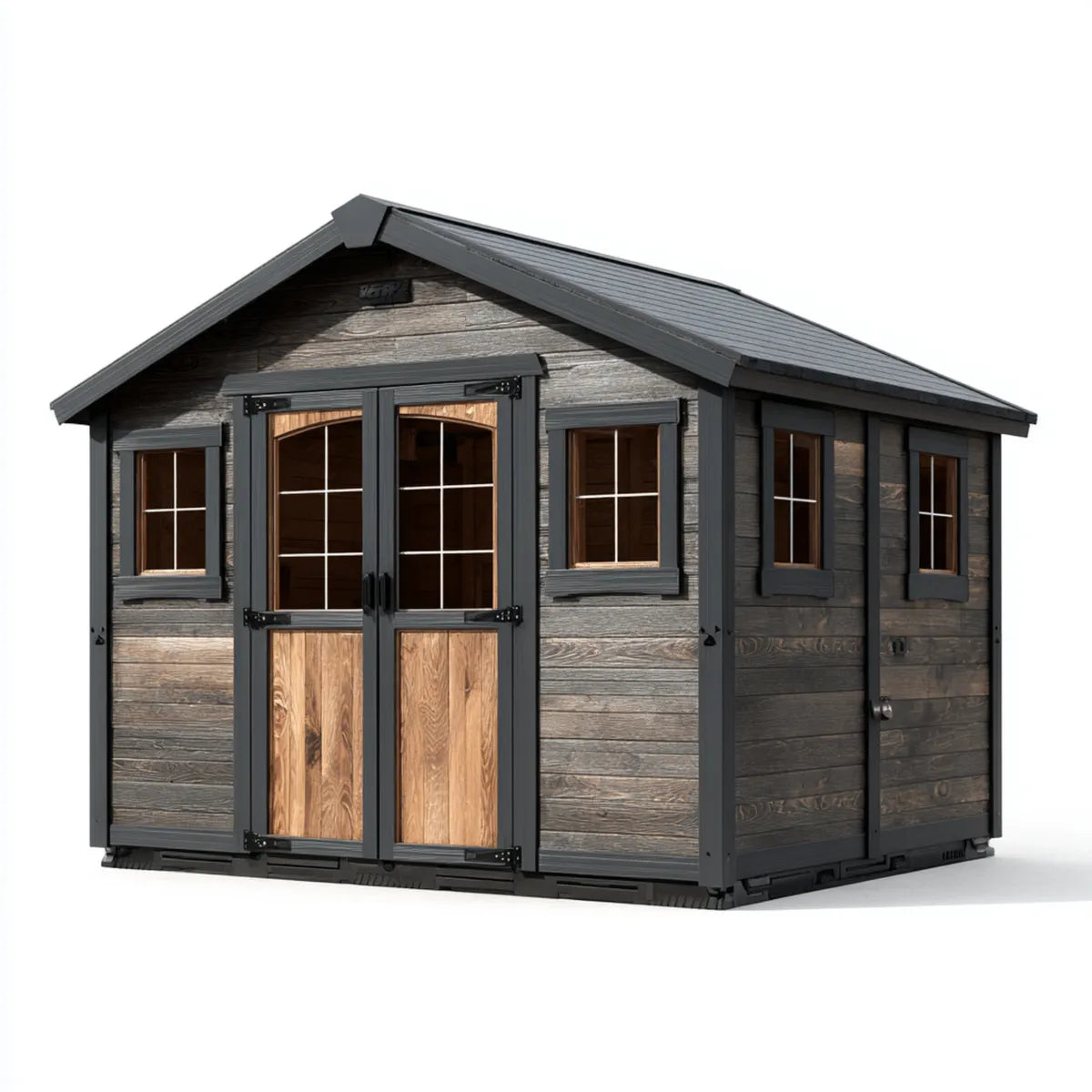 Gartenhaus Geräteschuppen Anthrazit Braun 300 x 240 x 250 cm Massivholz Rechteckig mit Doppeltür Fenstern und Seitentür